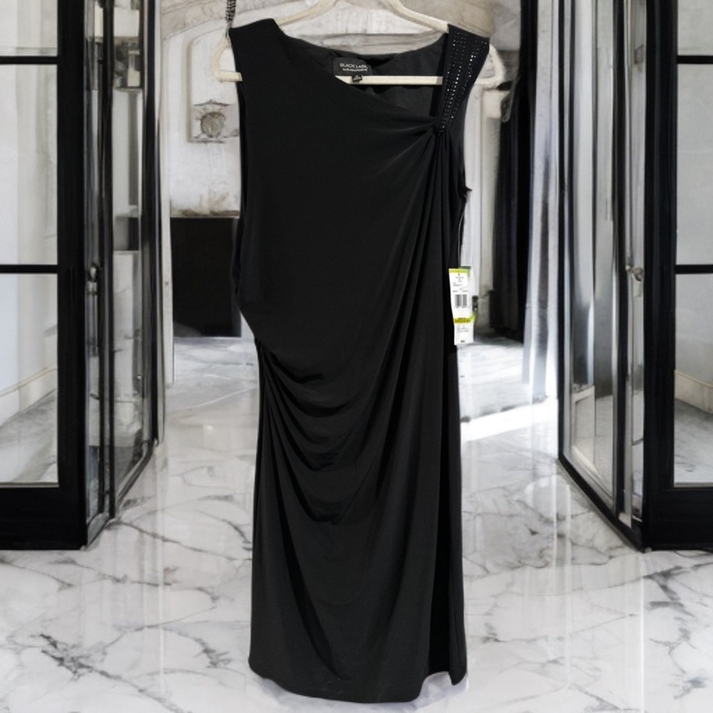 Black Label by Evan Picone Black Bodycon Evening Bead Cocktail Midi Dress Size14 - Picture 16 of 16
